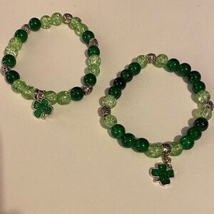 St Patrick’s Green Beaded Bracelets with Shamrock Charms